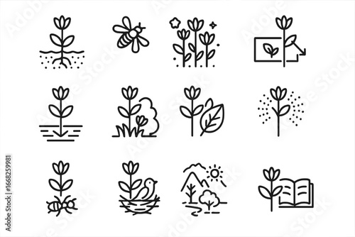 Wildflower Eco-Benefits Icons. Outline icon set of wildflower eco-benefits: soil retention, pollination,
