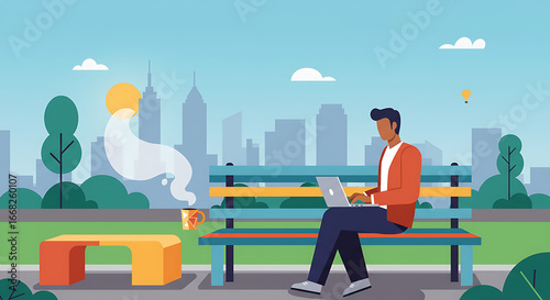 Modern Man Working Remotely on Laptop in Urban City Park with Skyline View, Enjoying Coffee and Flexible Work Lifestyle