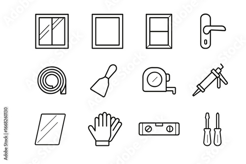 Window Replacement Icons. Outline icon set of window replacement: double-glazed window, frame, sash, latch