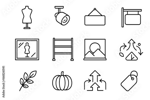 Window Display Icons. Outline icon set of window display design: mannequin, spotlight, product stand, hanging