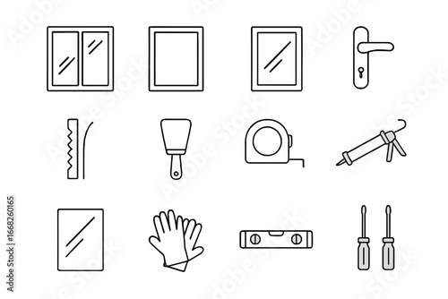Window Replacement Icons. Outline icon set of window replacement: double-glazed window, frame, sash, latch