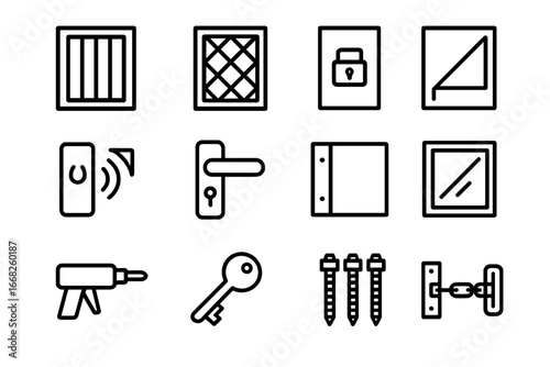 Window Security Icons. Outline icon set of window security: bars, grilles, lock latch, safety film, alarm