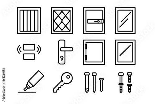 Window Security Icons. Outline icon set of window security: bars, grilles, lock latch, safety film, alarm