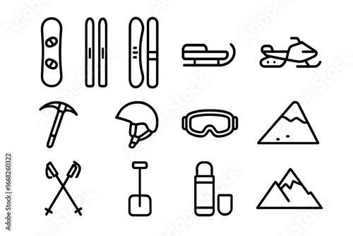 Winter Sports Icons. Outline icon set of extreme winter sports: snowboard, skis, sled, snowmobile, ice axe,