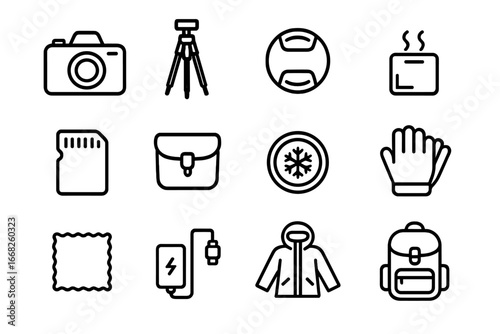 Winter Photography Gear Icons. Outline icon set of winter travel and photography gear: DSLR camera, tripod,