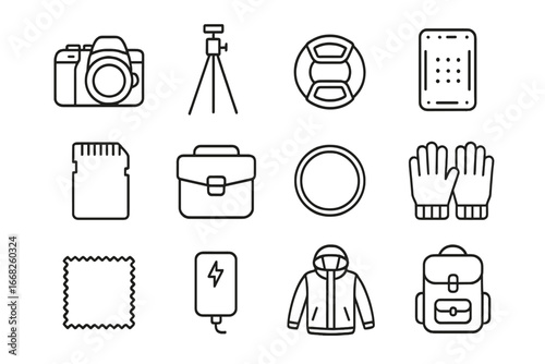 Winter Photography Gear Icons. Outline icon set of winter travel and photography gear: DSLR camera, tripod,