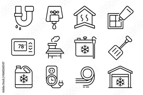 Winter Home Preparations. Outline icon set of winterizing a home: drain pipes, cover faucet, insulate attic,