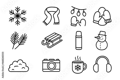 Winter Photo Icon Set. Outline icon set of winter-themed photo shoot with seasonal props: snowflakes, wool
