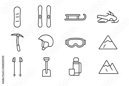 Winter Sports Icons. Outline icon set of extreme winter sports: snowboard, skis, sled, snowmobile, ice axe,