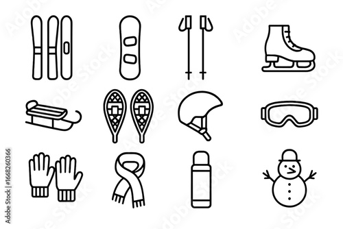 Winter Sports Icons. Outline icon set of winter outdoor sports: skis, snowboard, ski poles, ice skates, sled,