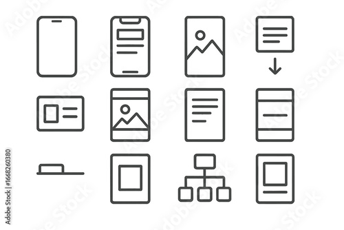 Wireframe Icon Grid. Outline vector icons of mobile app wireframes: phone outline, grayscale layout,