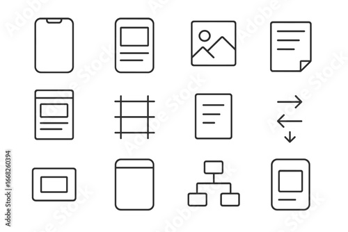 Wireframe Icon Grid. Outline vector icons of mobile app wireframes: phone outline, grayscale layout,