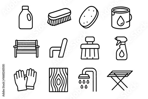 Wood Patio Care Icons. Outline vector icons of maintaining wooden patio furniture: wood cleaner, bristle brush