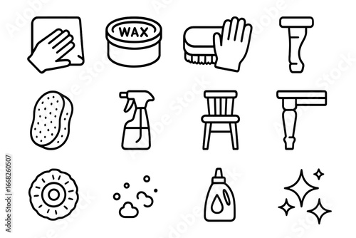 Wood Care Icon Set. Outline icon set of wood care and polishing: polishing cloth, wax tin, brush, gloves,