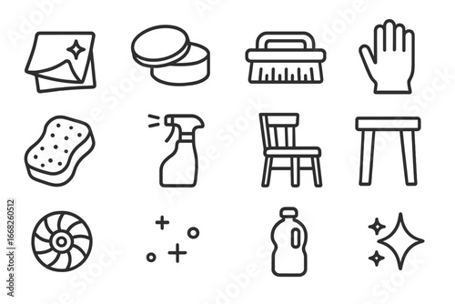 Wood Care Icon Set. Outline icon set of wood care and polishing: polishing cloth, wax tin, brush, gloves,