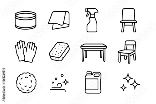 Wood Polishing Icon Set. Outline icon set of polishing wooden furniture: wax tin, polishing cloth, spray