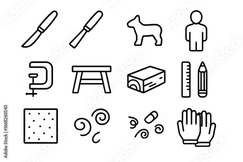 Woodworking Tools Icons. Outline icon set of making wooden figurines: carving knife, chisel, animal figure,