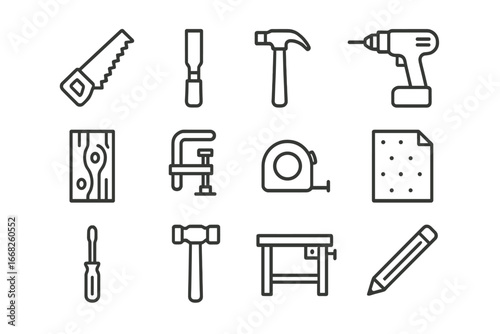 Woodworking Tools Icons. Outline icon set of DIY woodworking: saw, chisel, hammer, drill, wood plank, clamp,