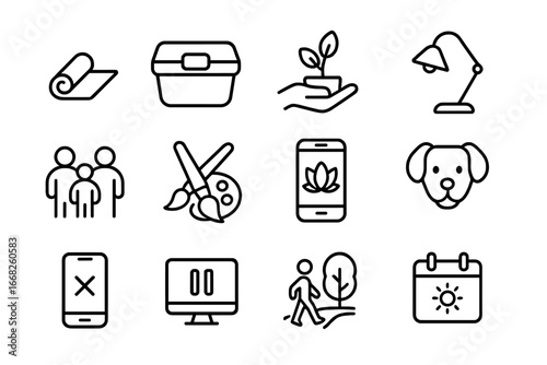 Work-Life Balance Icons. Outline icon set of work-life balance: yoga mat, lunch box, plant care, reading lamp,