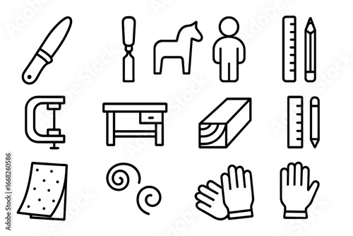 Woodworking Tools Icons. Outline icon set of making wooden figurines: carving knife, chisel, animal figure,