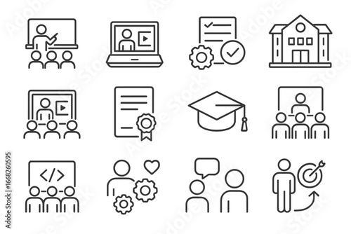 Workforce Education Icons. Outline icon set of workforce education: classroom board, laptop training, skill