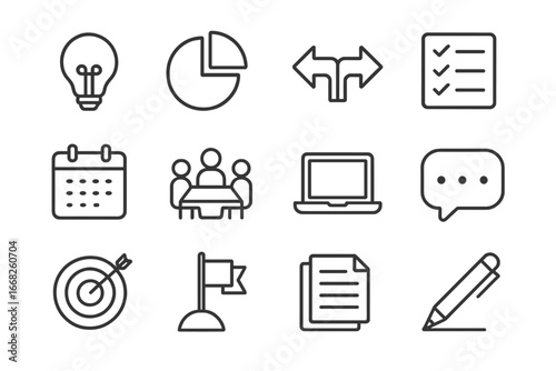 Workplace Decision Icons. Outline icon set of decision-making in the workplace: lightbulb, pie chart, arrow,
