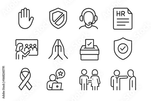 Workplace Harassment Icons. Outline vector icons of workplace harassment prevention: stop hand, zero tolerance