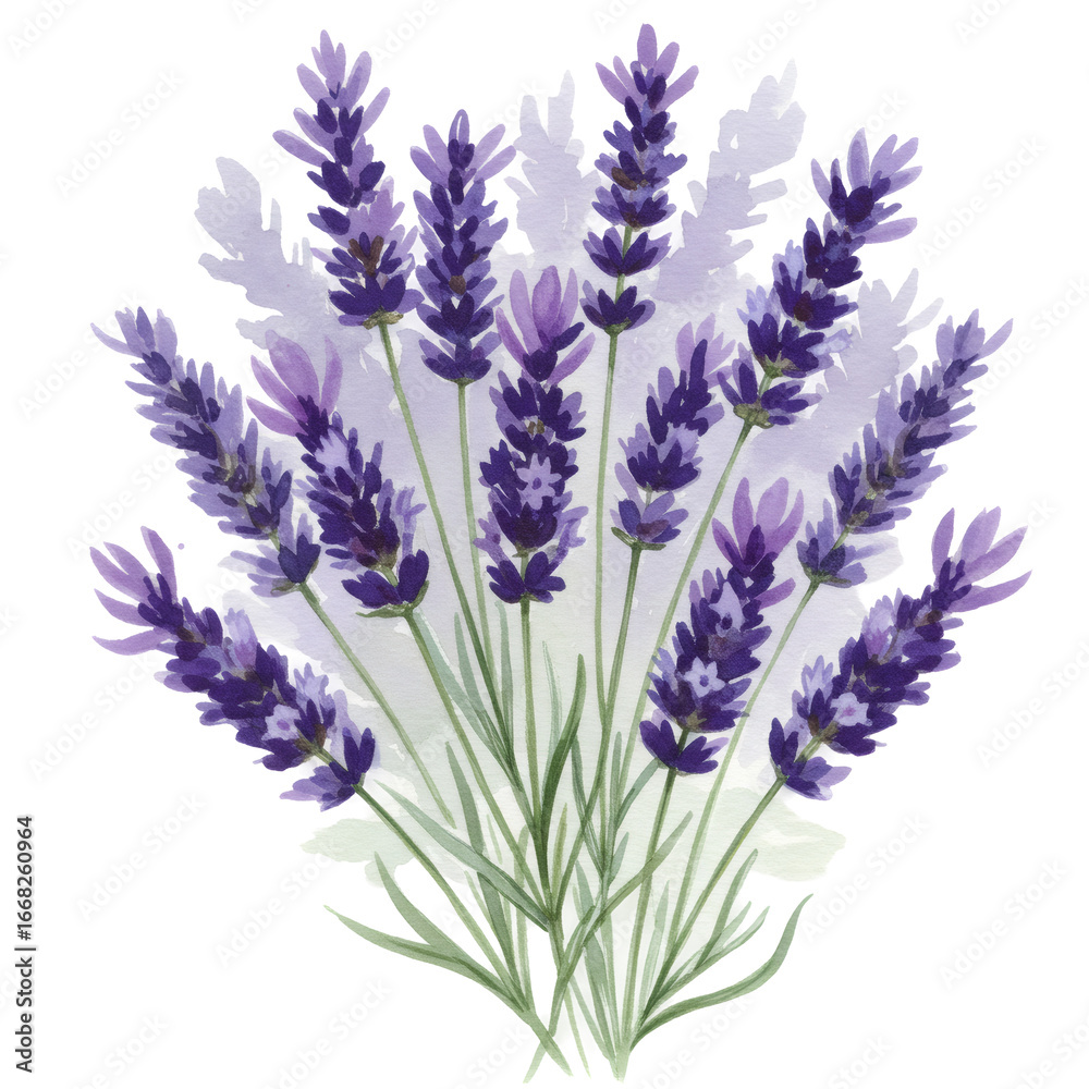 Naklejka premium Transparent Watercolor Illustration Of Lavender Flowers Bouquet With Purple Tones