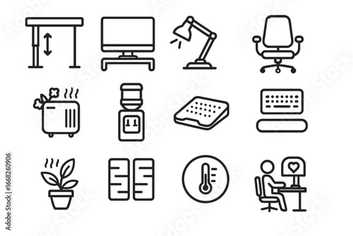 Workplace Wellness Icons. Outline icon set of workplace wellness and accessibility: adjustable desk, monitor