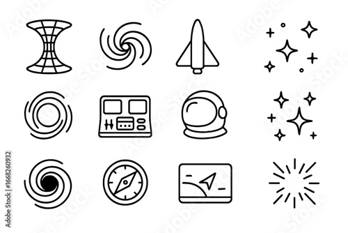 Wormhole Travel Icons. Outline icon set of wormhole travel: wormhole tunnel, galaxy swirl, spaceship