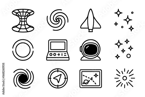 Wormhole Travel Icons. Outline icon set of wormhole travel: wormhole tunnel, galaxy swirl, spaceship