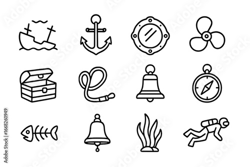 Wreck Diving Icons. Outline icon set of wreck diving exploration: sunken ship, treasure chest, anchor,