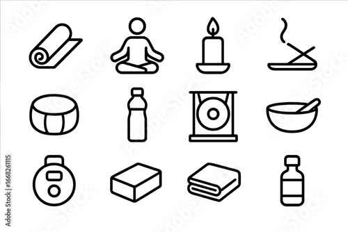 Yoga Icon Collection. Outline icon set of yoga and meditation: yoga mat, lotus pose icon, candle, incense,