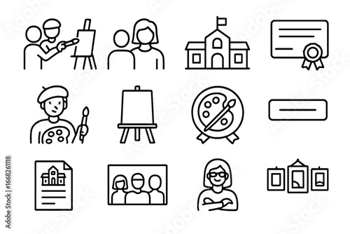 Youth Art Icons. Outline icon set of youth art exhibition: student painting, parent icon, school logo,
