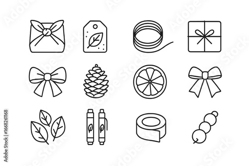 Zero Waste Gift Ideas. Outline icon set of zero waste gift wrap ideas: reusable cloth wraps, seed paper tags,