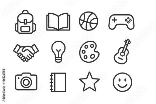 Youth Club Icons. Outline icon set of youth clubs: backpack, book, sports ball, game console, handshake,