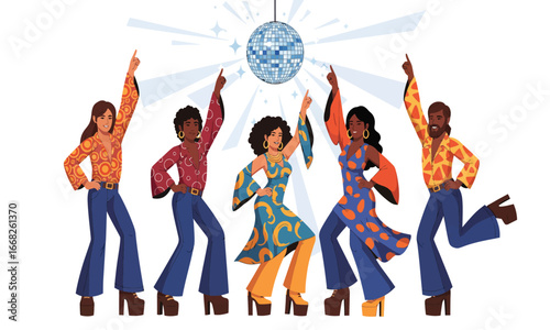 Retro Disco Style Illustration of Diverse People Dancing Under a Mirrored Ball, Celebrating with Joy and Energy