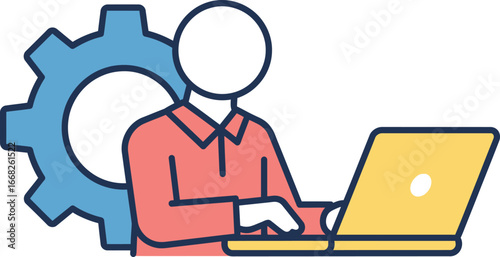 Streamlined software engineering with a developer working on a laptop and gear in an interface
