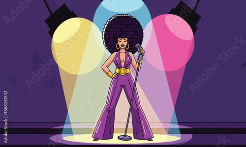 Glamorous female vocalist shines brightly on stage in a vibrant, retro, disco style jumpsuit, radiating energetic vibes under the colorful spotlights