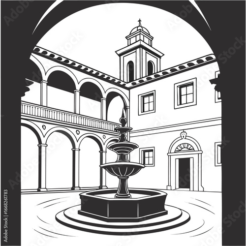 Ancient fountain in castle courtyard silhouette