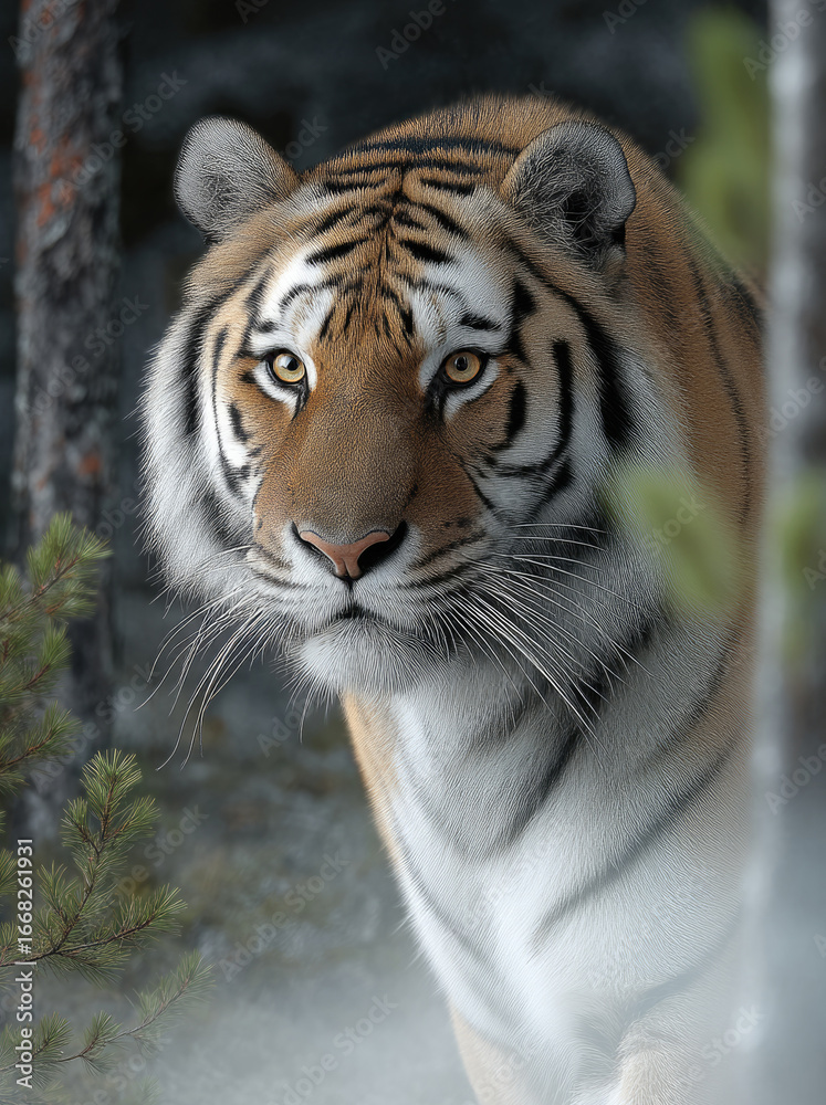 Obraz premium Siberian tiger with intense gaze stands in misty forest, surrounded by pine trees and soft natural light, evoking sense of wild majesty