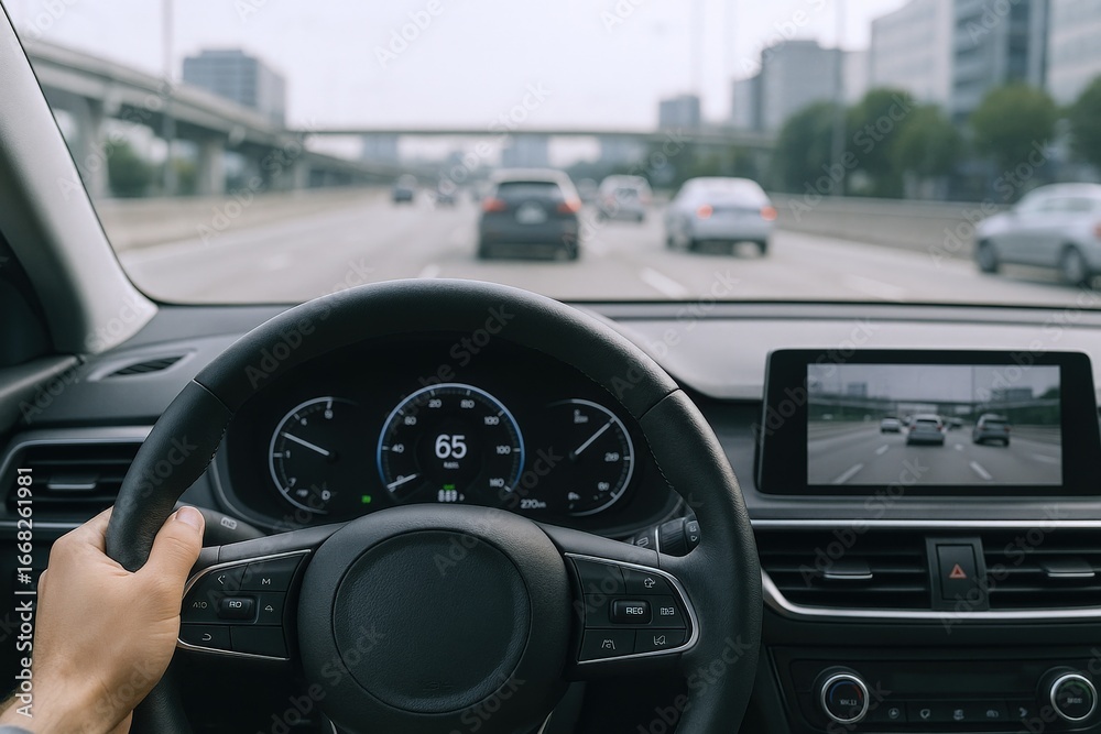 Fototapeta premium Driving on the Highway: POV shot of Driver holding Steering Wheel with Dashboard and Road Ahead