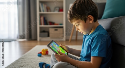 A young boy absorbed in playing a game on his tablet at home indoors