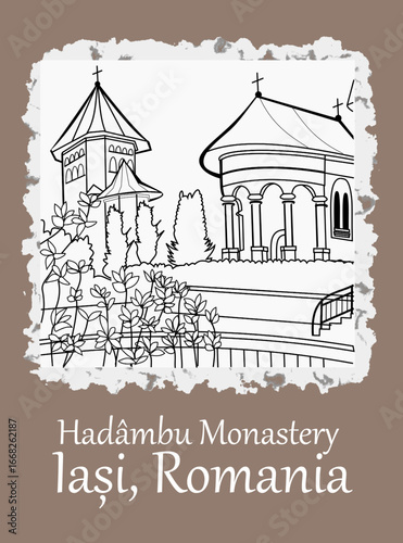 CIMAHI, INDONESIA-August 25, 2025-Art line of Hadambu Monastery, Lasi Romania. Vector graphic design cartoon building illustration for collection, poster, sticker, and other.