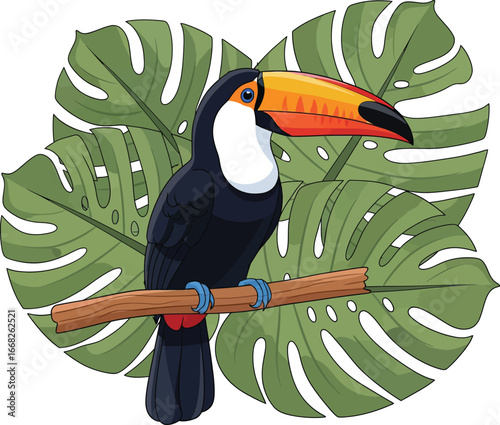 Exotic toucan bird perched peacefully on a branch amidst lush green monstera leaves foliage