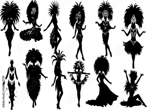 Silhouette of Brazilian Carnival women. Beautiful women in costumes with pearls. Vector illustration.
