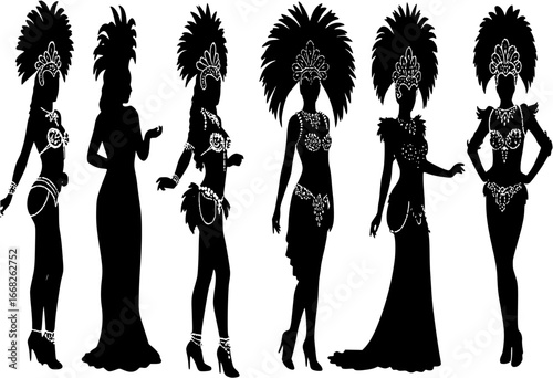 Silhouette of Brazilian Carnival women. Beautiful women in costumes with pearls. Vector illustration.
