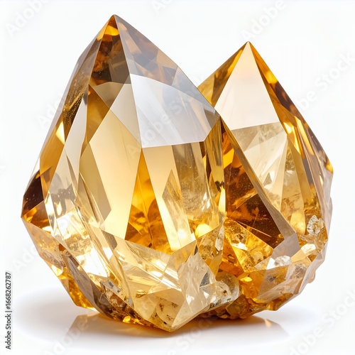 Radiant geological golden crystals clustered together forming a mineral specimen on white background