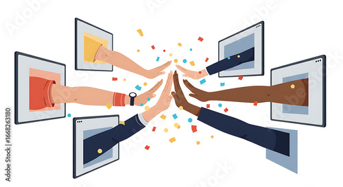 Diverse Hands High-Fiving from Digital Screens with Confetti for Remote Team Collaboration and Virtual Success