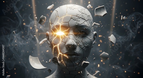 An artistic rendering of a human face fragmenting with glowing light emanating from the eye.